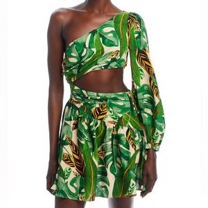 Farm Rio Tropical Leaves One Shoulder Mini Dress Green Large New with Tags